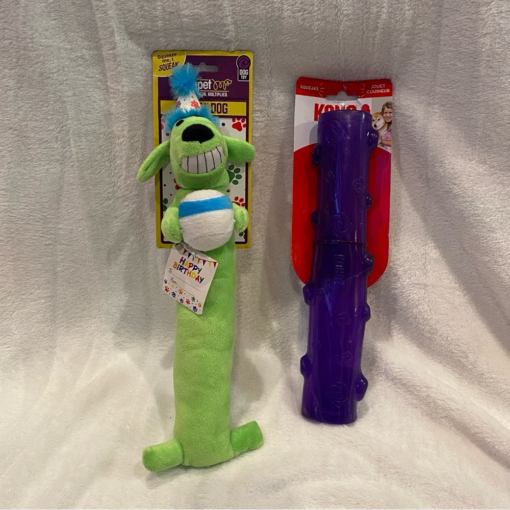 Bundle 2 Dog Squeaky Toys Kong Squeezz Stick + MultiPet Loofa Birthday Dog NWT